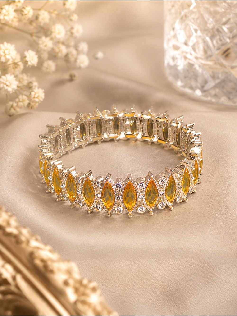 Vintage Citrine Rhinestone Tennis Bracelet Silver Tone Marquise Link Bracelet